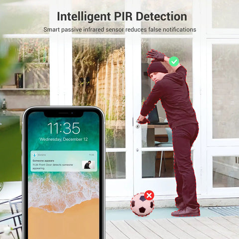 Outdoor Security Camera 2K QHD With Color Night Vision PIR detecting intruder, alert on smartphone screen at door entrance.