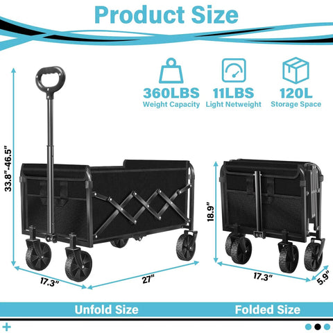 All Terrain Folding Wagon With Heavy Duty Frame And 360 Lbs Capacity Utility Cart shown in unfolded and folded positions