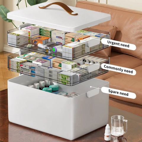 Must Have Three Tier Medicine Organizer With Leather Handle Portable Cabinet For Pills And First Aid Supplies For Home Storage Keeps Meds Neat And Accessible Great For Countertop Or Nightstand with open compartments showing various medical supplies inside.