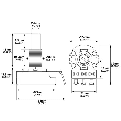 Audio A250K And B250K M8 Through Hole Guitar Potentiometers diagram with dimensions and M8 thread for Les Paul and Strat guitars