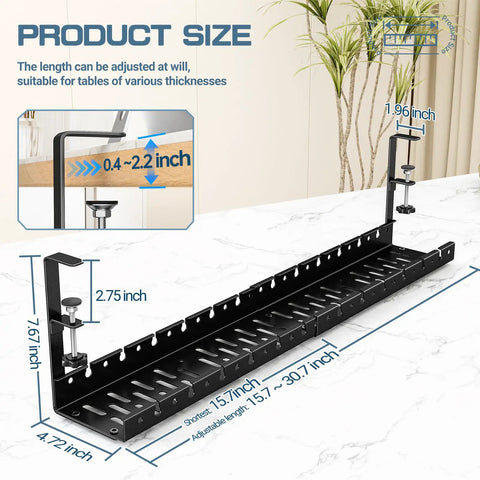 Under Desk Cable Management System With Adjustable Organizer And Adhesive Clip Holders, No Drill Setup, Reusable Cable Ties, Stable Durable Build, Keeps Cables Neat And Easy Access, Black