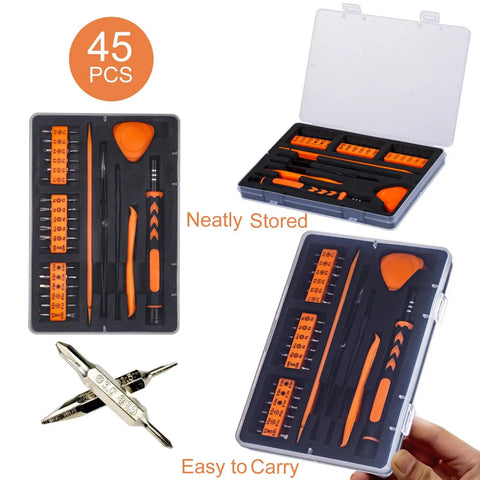 45 Piece Precision Screwdriver Set with Case for Electronics Repair, shown with organized bits and compact carrying case