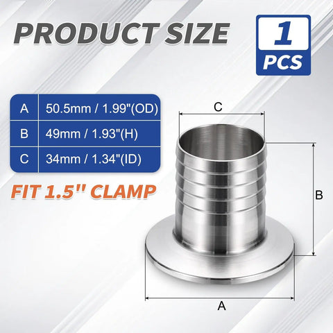 1.5 Inch Tri Clamp To Hose Barb Adapter dimensions with measurements for SUS304 stainless steel sanitary fitting.