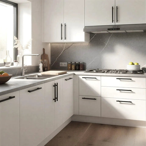 Modern kitchen with Six Pack Black Cabinet Pulls 5 Inch Center To Center Stainless Steel Handles For Kitchen Bath Dresser on white cabinets