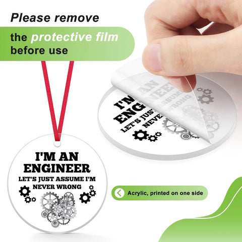 Cool Acrylic Circle Tag Gift For Engineers Nerdy Chemical And Mechanical Engineering Ornament For Graduation Christmas Tree Decor Gift For Women And Men In STEM with protective film being removed, gears design, and red ribbon.