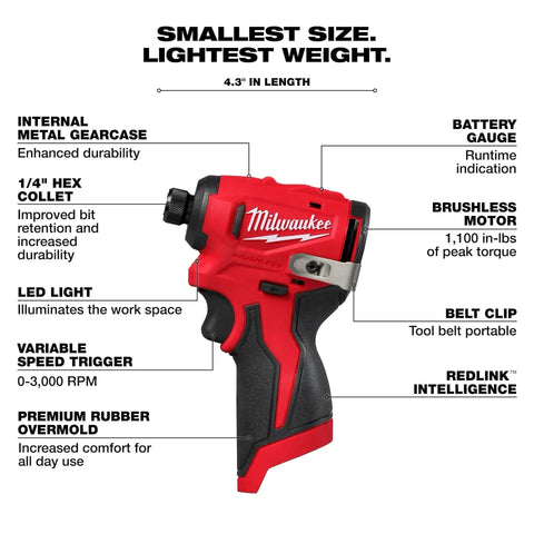 12V Subcompact Brushless Impact Driver Bare Tool With Quarter Inch Hex For Tight Spaces Ultra Compact Power Pro Grade Torque Long Life No Batteries Or Charger Included Ideal For Pros And DIYers showing features labeled