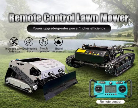 Remote-Controlled Tracked Lawn Mowing Robot With Adjustable Cutting Height displayed on grass, includes remote control.