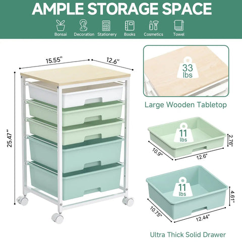 Truly Clutch Rolling Cart With Drawers Featuring Five Deep Slide Out Compartments In Classic Light Green Designed To Tackle Daily Clutter And Keep Your Belongings Securely Stashed And Totally Organized