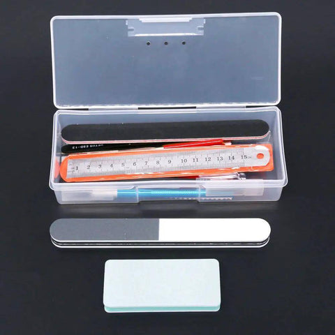 21Pcs Modeler Basic Tools Craft Set with ruler, files, and case for DIY mecha and miniature car models, angled view