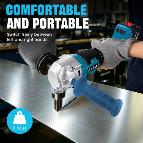 Heavy Duty Cordless Metal Nibbler With 30k Rpm Power For Cutting Steel Sheet Up To 18 Gauge And Aluminum, comfortable grip in use.