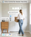 Woman entering home with box using Stress Free Keyless Entry Wifi Keypad Deadbolt Smart Lock For Front Door With Remote App Control Alexa And Google Assistant Compatible Satin Nickel Finish.