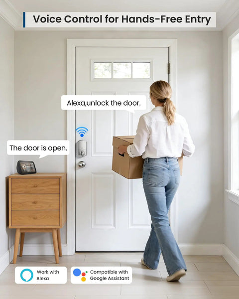 Woman entering home with box using Stress Free Keyless Entry Wifi Keypad Deadbolt Smart Lock For Front Door With Remote App Control Alexa And Google Assistant Compatible Satin Nickel Finish.