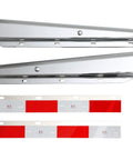 Slick Chrome Straight Spring Loaded Mud Flap Hanger With Two Point Five Bolt Spacing And Thirty Inch Length Featuring Thirteen Inch Extended Heavy Coil Spring For Super Smooth Big Rig Hauling Plus Two Bright Safety Reflex Plates.