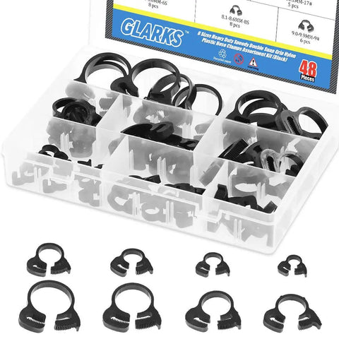Heavy Duty Nylon Hose Clamp Set With Double Gripping Design 48Pcs Eight Size Plastic Snap Ratcheting Clamps kit on display