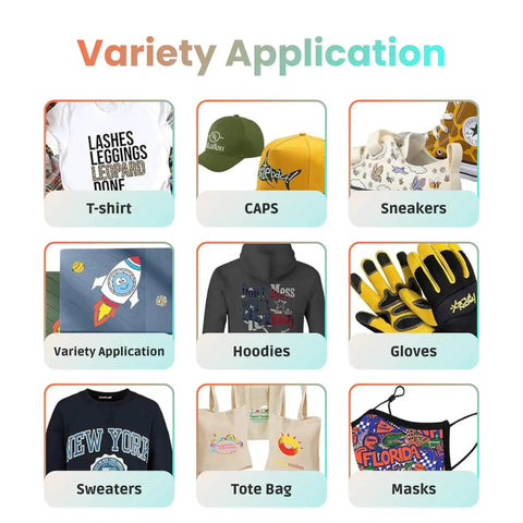 Variety of applications for Dark Fabric DTF Transfer Film Roll including t-shirts, caps, sneakers, hoodies, gloves, and more.