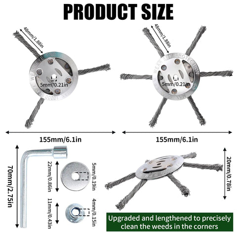 6 Inch Steel Wire Brush Cutter Trimmer Head For Electric Cordless String Trimmers, product size details and components.