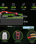 Ovonic 4S 14.8V 6500mAh RC LiPo Battery 120C with T Plug Deans Connector for RC cars boats and FPV hobbyists; product dimensions and specs shown