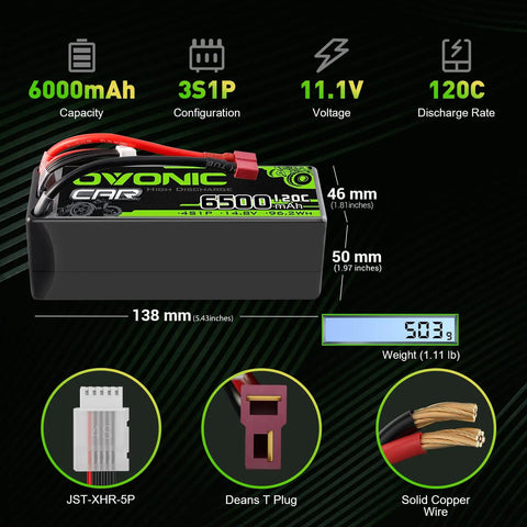Ovonic 4S 14.8V 6500mAh RC LiPo Battery 120C with T Plug Deans Connector for RC cars boats and FPV hobbyists; product dimensions and specs shown