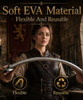 Woman holding Two 28 Inch Foam Safety LARP Swords With Gold And Silver Colored Handles Non Sharp EVA Design For Safe Pretend Play Stage