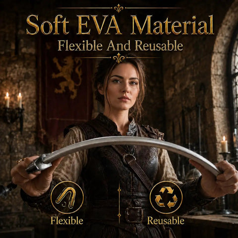 Woman holding Two 28 Inch Foam Safety LARP Swords With Gold And Silver Colored Handles Non Sharp EVA Design For Safe Pretend Play Stage