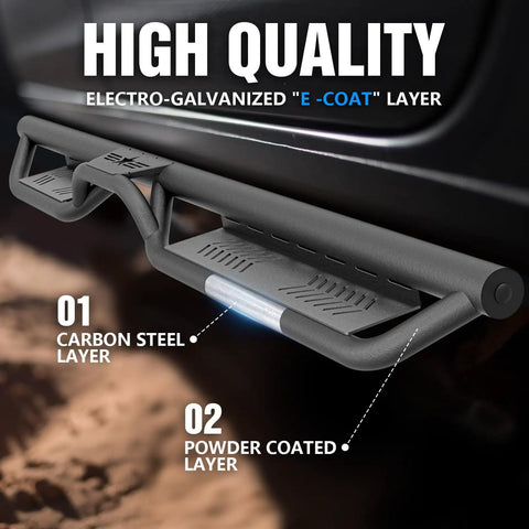 Two Tube Side Steps Compatible With 2021 To 2026 Ford Bronco Four Door running boards showing electro-galvanized carbon steel and powder coating.