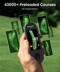 Person holding GeneSonic Pro Golf Speaker With Detachable GPS Rangefinder, displaying golf courses, no subscription needed.