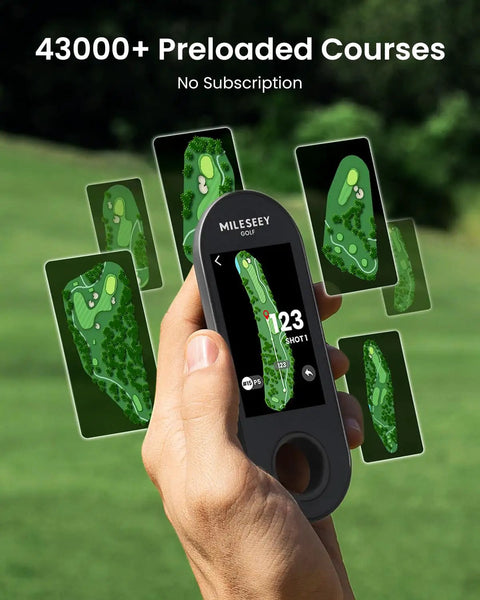 Person holding GeneSonic Pro Golf Speaker With Detachable GPS Rangefinder, displaying golf courses, no subscription needed.