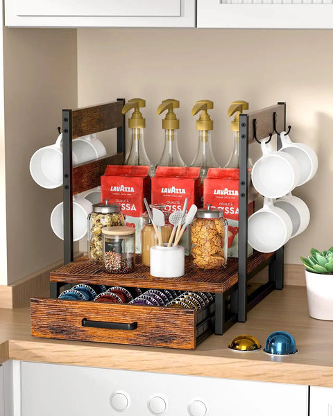 Rustic Brown Coffee Pod Organizer Drawer For Vertuo And Nespresso Keeps 28 Large Or 56 Small Pods Neatly Sorted In Four Columns With Cup Rack