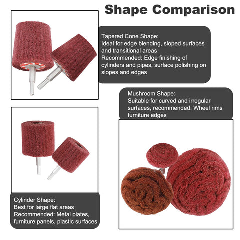 7 Piece Non-Woven Abrasive Buffing Wheel Set For Drill With One Quarter Inch Shank in various shapes