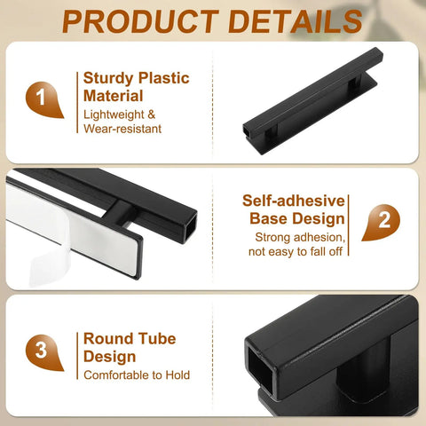 Two Pack Self-Stick Push-Pull Helper Handles For Cabinets And Doors, 6-Inch Plastic Adhesive Rectangle Stick-On Handles, Easy Grab-And-Go Door And Cabinet Pulls For Kitchen Cabinets, Closets, Windows, Wardrobe, Black, black plastic handle close-up