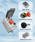 Built Tough Heavy Duty Emergency Stop Button with Waterproof Enclosure, IP67, 660V 10A, showing components: ABS shell, switch, pin, joint