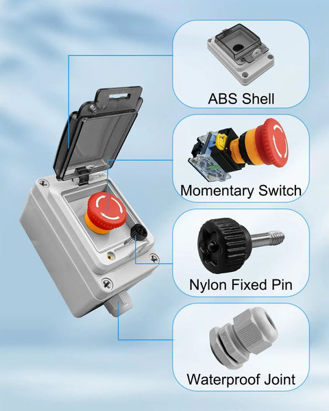 Built Tough Heavy Duty Emergency Stop Button with Waterproof Enclosure, IP67, 660V 10A, showing components: ABS shell, switch, pin, joint