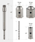 ZELCAN metal-silver hole saw kit with 30mm, 50mm and 65mm cutters, SDS-Plus arbor and twist drill bit.