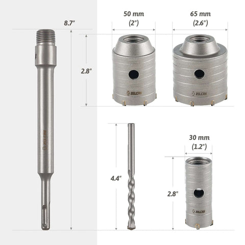 ZELCAN metal-silver hole saw kit with 30mm, 50mm and 65mm cutters, SDS-Plus arbor and twist drill bit.