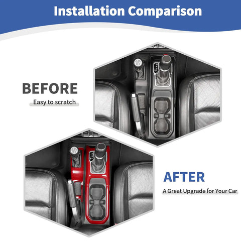 Comparison of Jeep Wrangler JL interior before and after installing Red Gear Shift Cover And 4WD Shift Knob Trim Panel Kit for 2018-2024