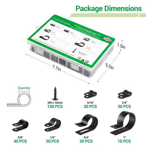 Cable Clips For Cable Management Cord Organizer Kit containing 300 pcs R-Type Clamps with M4 screws, showing package dimensions.