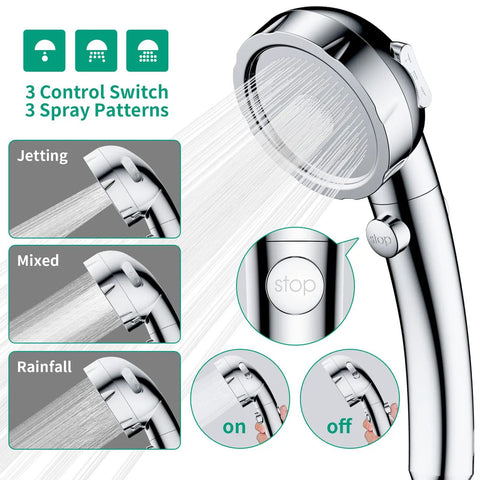High Pressure RV Shower Head With Handy Detachable Hose And On Off Stop Button, Three Modes, Water Saving Efficiency