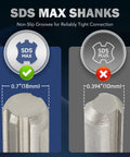 Comparison of SDS Max and SDS Plus shanks, highlighting sizes 0.7in and 0.394in for Beefy SDS Max Chisel Set With Shanks 3 Piece Rotary Hammer Bit Kit With Flat Point Scaling And Point Chisels 12 Inch Demolition Tools For Concrete Stone Tile And Floor Removal.