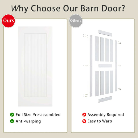 Comparison of our full size pre-assembled barn door vs. others, emphasizing anti-warping benefits.