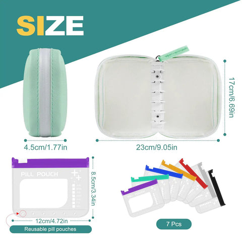 Waterproof A7 Pill Organizer Kit with 7 large zipper pouches for A7 binder, showing open binder, pouches, and dimensions.