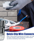 Hand holding tool near quick-clip wire connectors for 22-18 AWG automotive LED wire and LED strip splicing, suitable for speaker trailer audio marine car vehicle battery truck ground and low voltage wiring connectors kit.