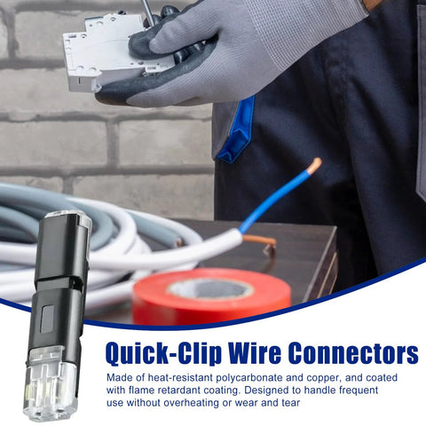 Hand holding tool near quick-clip wire connectors for 22-18 AWG automotive LED wire and LED strip splicing, suitable for speaker trailer audio marine car vehicle battery truck ground and low voltage wiring connectors kit.