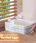 Person holding stackable Deviled Egg Containers With Lids, 2 Pack Plastic Egg Trays For Fridge Or Countertop, holding 48 eggs.