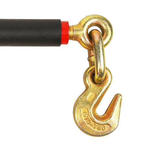 Gold zinc-plated hook detail of 4 Pack Foldable Handle Load Binder With 2 Grab Hooks For 7,100 Lb Working Load Limit Fits Five Sixteenth To Three Eighth Inch Grade Seventy Chains Beefy Heavy Duty Ratcheting Tie Down Tool For Secure Hauling.