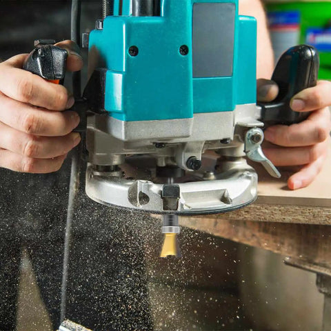 Weekend Warrior Approved Dovetail Router Bit Set Two Piece Pack With One Quarter Inch Shank cutting wood with router.