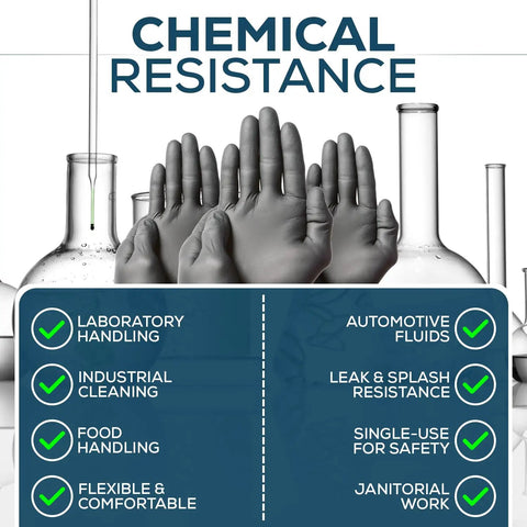Top Shelf Black Nitrile Gloves 6 Mil Heavy Duty Disposable Work Gloves With Solid Grip Texture Latex Free Powder Free Crafted For Kitchen Cooking Industrial Jobs And Daily Grind 100 Pack Medium, showcasing chemical resistance uses.