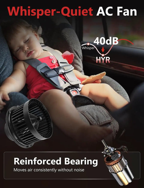 Whisper-quiet AC fan with reinforced bearing for Nissan Rogue 2014-2019 and Rogue Sport 2017-2019, illustrating 40dB noise level.