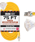 Beefy 75ft 10 Gauge Outdoor Extension Cord With 3 Outlets Heavy Duty Power Cable 15 Amp 10/3 SJTW Yellow Lighted End