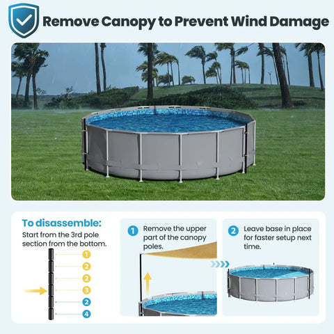 Above Ground Pool Shade Kit With Storage Tray, instructions for removing canopy during wind, pool with shade, 13x13x13 ft