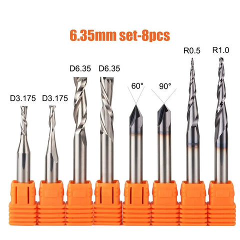 Rock Solid Solid Carbide CNC Router Bits Set Featuring Eight Precision Milling Cutters For Wood Carving Engraving And T Slot Jobs With 6mm And 6.35mm Shanks Built Tough. 8 pieces with 6.35mm shanks.